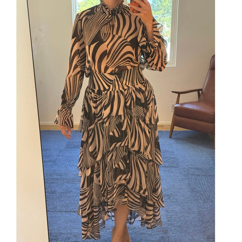 MISA Los Angeles 2 Piece Zebra Print Sheer Ruffle Set Blouse & Tiered Midi Skirt
